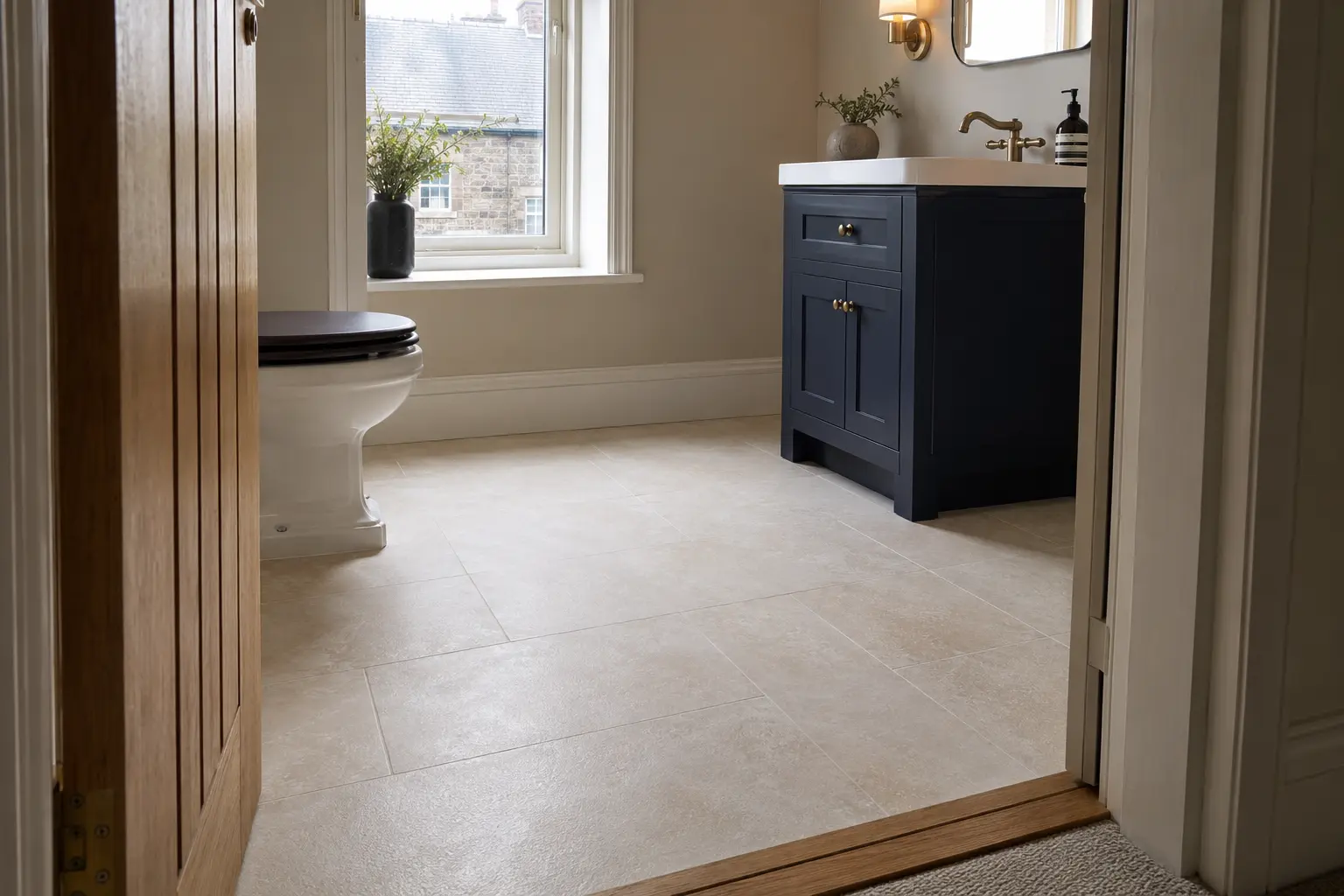 Pale stone bathroom floor concept