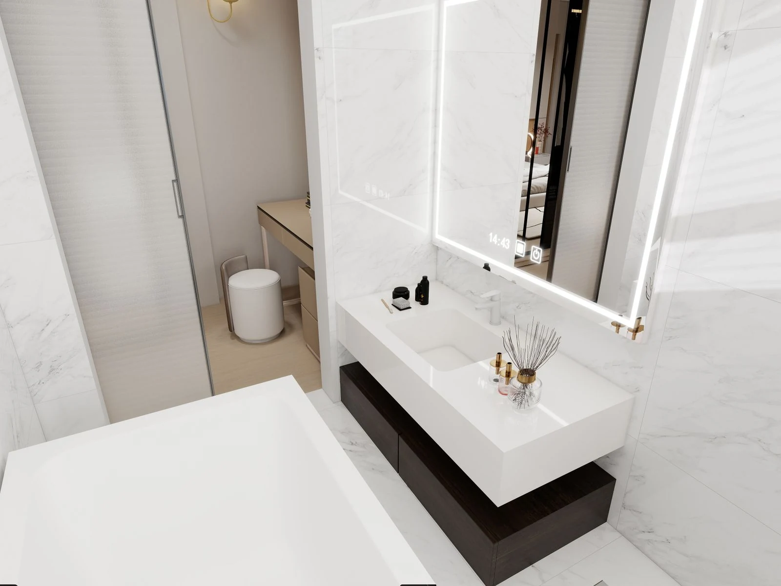 Elegant bathroom featuring a modern minimalist design with marble surfaces and LED mirror