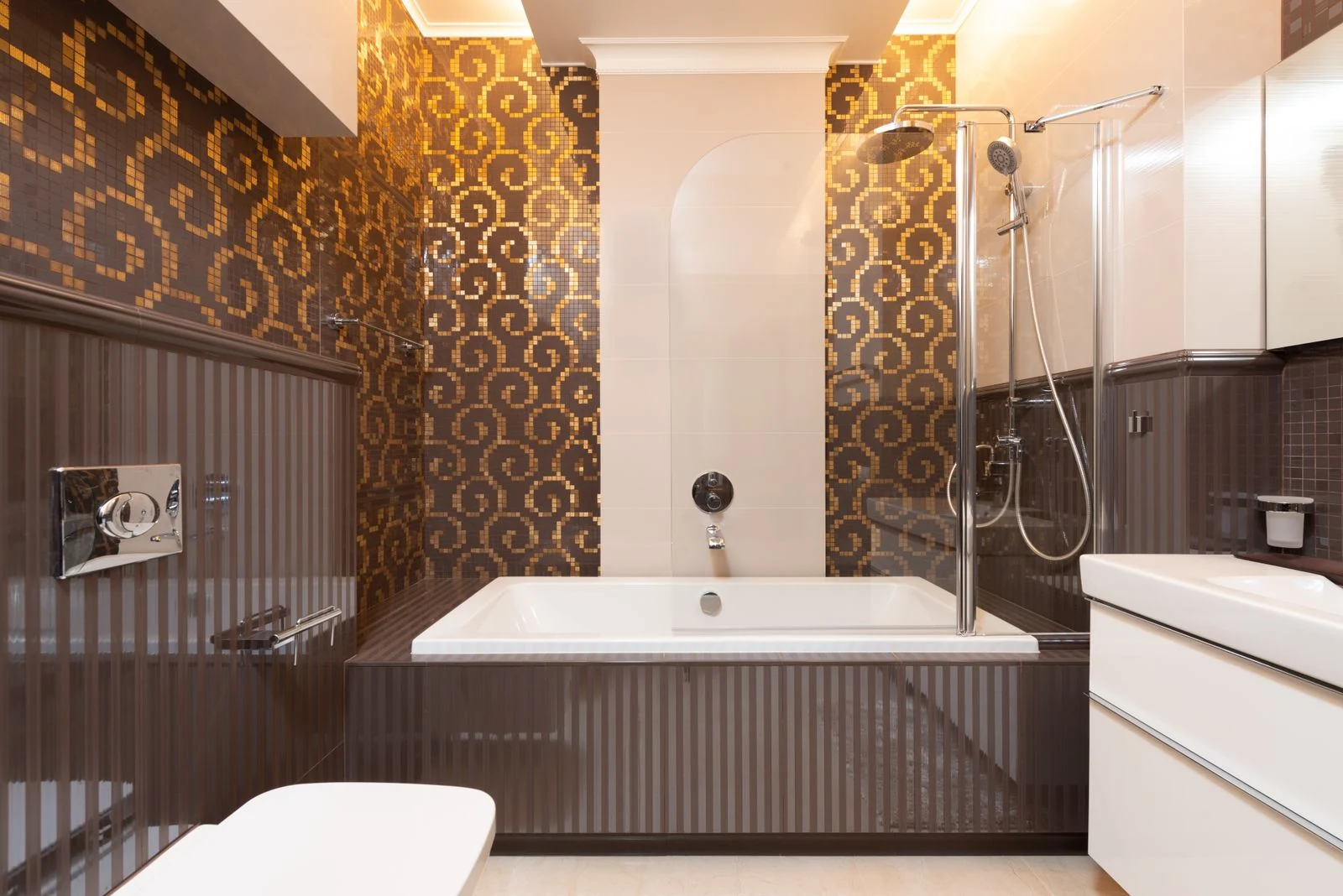 Elegant bathroom featuring a bathtub and mosaic-tiled walls in a contemporary design